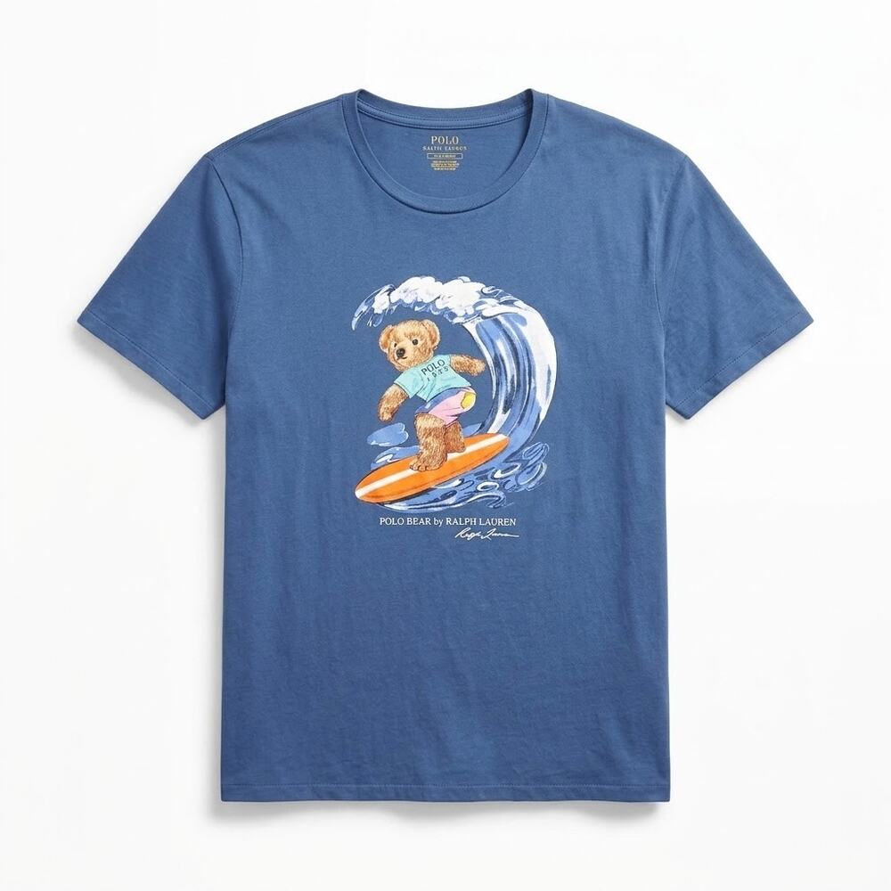 POLO Ralph Lauren 100% Cotton Polo Bear Surfing Graphic Tee Blue Mens XL